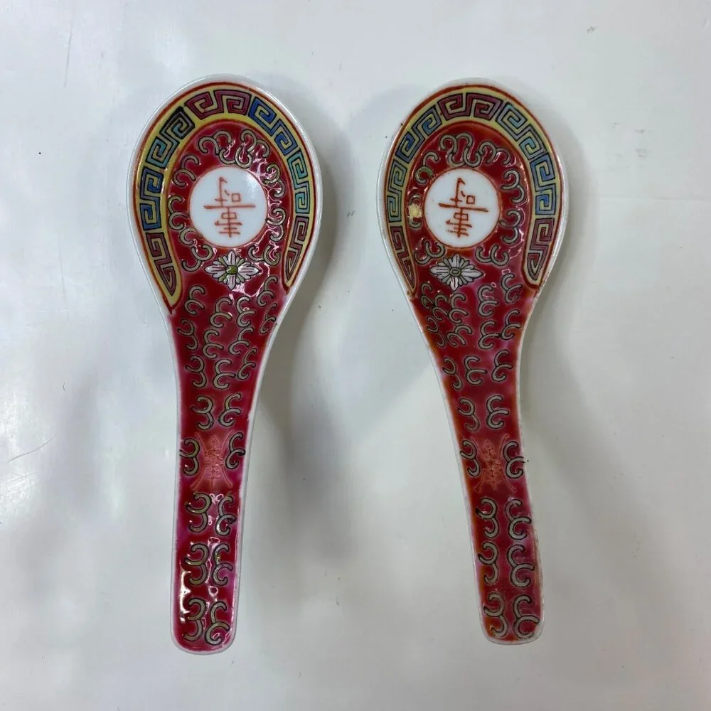 Set of 6 Porcelain Chinese Mun Shou Ceramic Soups Spoon Rice Eyes